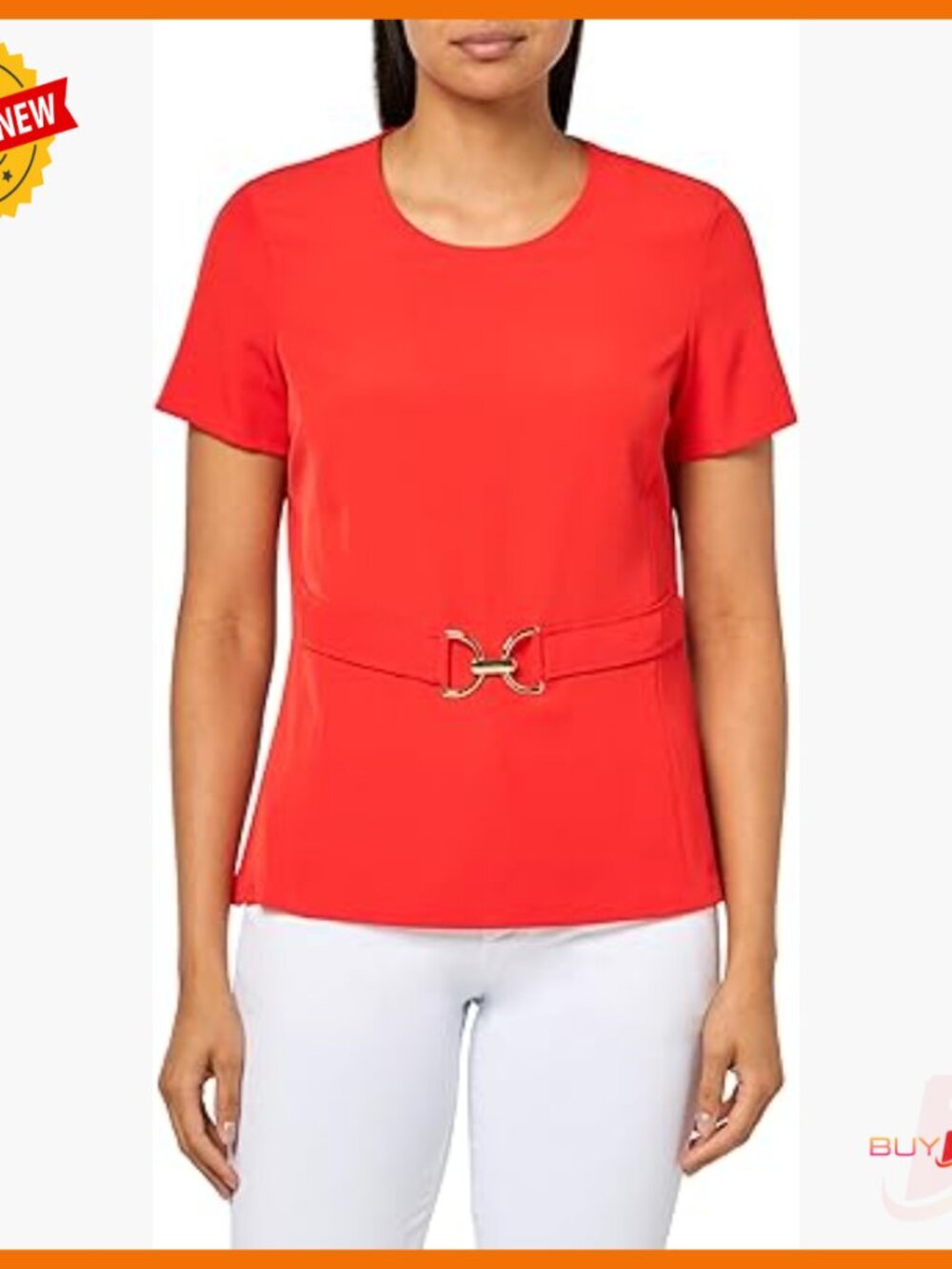 Short Sleeve Round Neck Blouse With Gold Belt, Soft Suiting Fabric